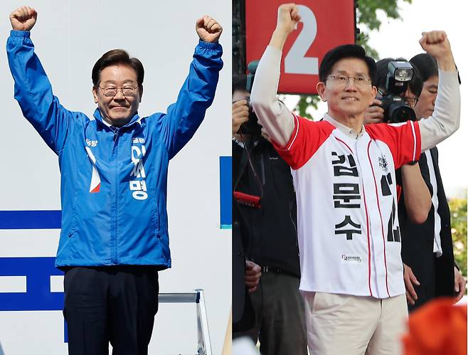 이재명 더불어민주당 대통령 후보(왼쪽)와 김문수 국민의힘 후보가 제21대 대통령 선거 공식 선거운동에서 지지를 호소하고 있다. /뉴스1