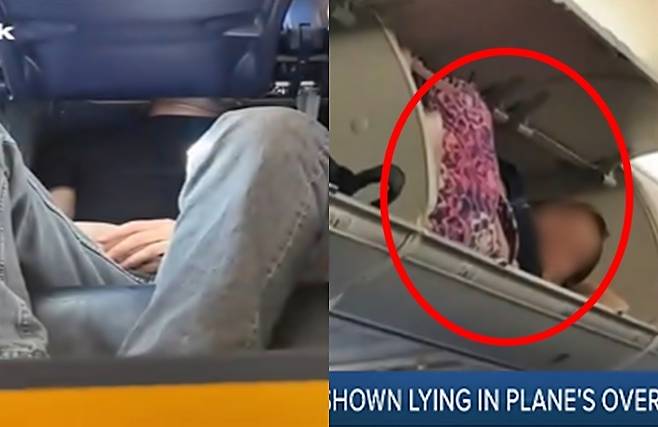항공기 의자에 거꾸로 앉은 남성과 캐비넷에 누운 여성. [사진 = 틱톡/abc10NEWS]