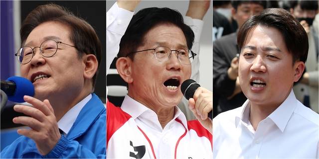 제21대 대통령 선출을 위한 공식 선거운동 이틀째인 13일 이재명(왼쪽부터) 더불어민주당 대선 후보가 대구광역시 동성로 거리에서, 김문수 국민의힘 대선 후보가 울산 남구 신정시장에서, 이준석 개혁신당 대선 후보가 대구 경북대학교에서 집중 유세를 하고 있다.  연합뉴스
