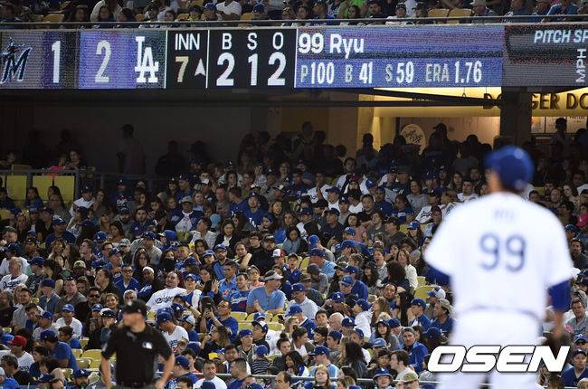 [OSEN=로스앤젤레스(미 캘리포니아주), 지형준 기자] 7회 삼진 3개를 잡은 류현진이 1점대(1.76) 평균자책점을 유지하며 경기를 마쳤다. 2019.07.20 /jpnews@osen.co.kr