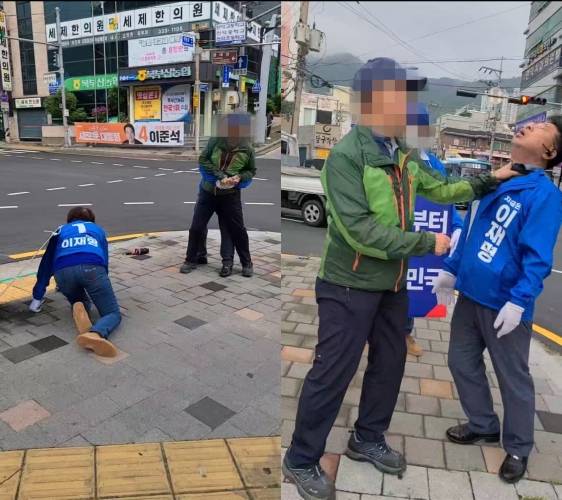 ▲한 남성이 16일 오전 부산 북구 신만덕교차로 인근에서 임성배 북구의회 의원 등 이재명 더불어민주당 대선 후보 선거운동원을 폭행하고 있다.ⓒ독자제공