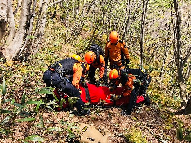 구조대원들이 산악사고자에게 고정 등 조치를 취하고 있다. 경북도소방본부 제공.