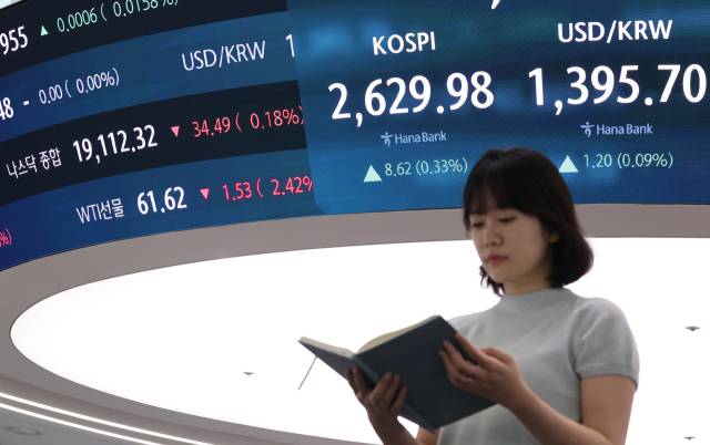 16일 서울 중구 하나은행 본점 딜링룸 현황판에 코스피, 원·달러 환율, 나스닥, 미국 서부 텍사스산 원유(WTI) 지수가 표시돼 있다. 연합뉴스