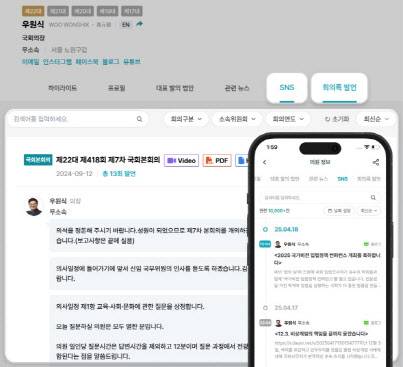 코딧 플랫폼에 추가된 ‘SNS’ ‘회의록 발언’ 탭 활용 예시(사진=홈페이지)