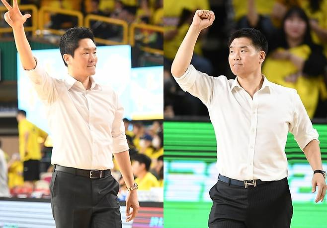서울 SK 전희철 감독(왼쪽)과 창원 LG 조상현 감독. 사진 | KBL