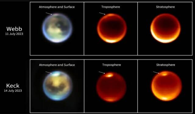 제임스 웹 우주 망원경이 2023년 7월 11일(위쪽)에 촬영한 사진, WM 켁 천문대가 2023년 7월 14일(아랫쪽)에 촬영한 타이탄의 사진. 이 사진들은 타이탄 북반구의 메탄 구름(화살표로 표시)을 보여준다. (출처= NASA, ESA, CSA, STScI, Keck Observatory)