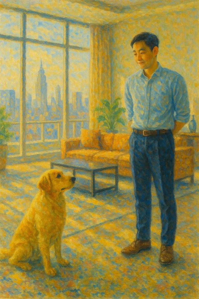 주원규 작가가 생성형 인공지능 챗지피티(GPT)에 “고급 펜트하우스에서 캐주얼한 차림으로 반려동물 도우미 아르바이트를 하는 20대 후반 남자의 이미지를 유화풍 스타일로 만들어주세요”라는 지시어를 입력해 생성한 이미지.