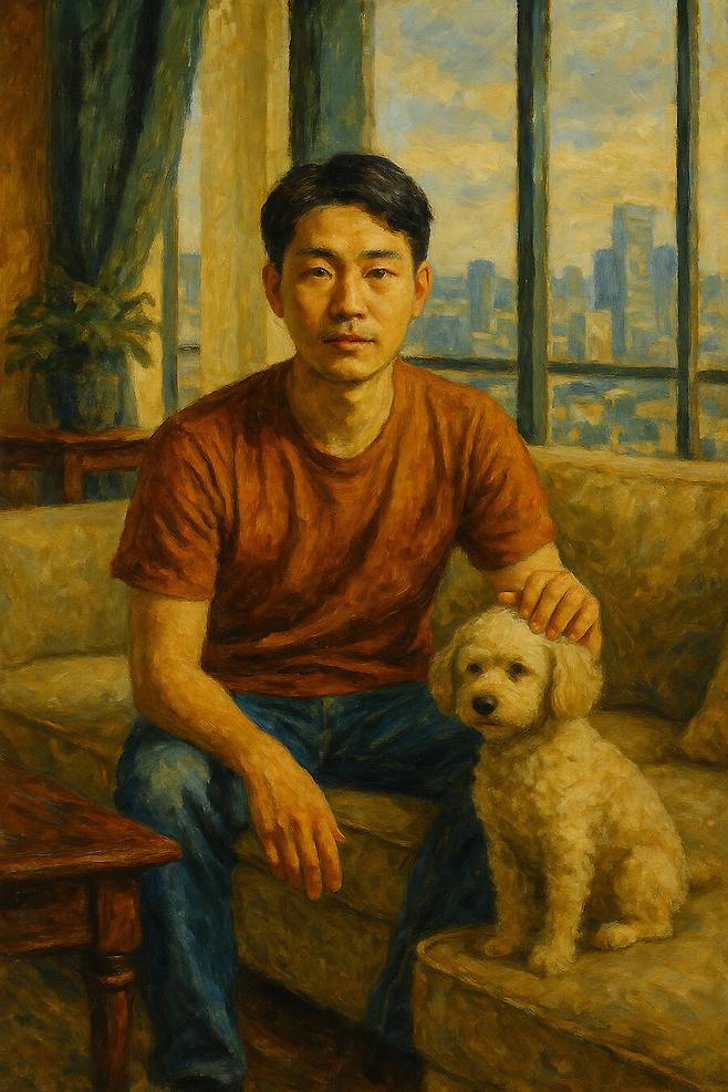 주원규 작가가 생성형 인공지능 챗지피티(GPT)에 “고급 펜트하우스에서 캐주얼한 차림으로 반려동물 도우미 아르바이트를 하는 20대 후반 남자의 이미지를 유화풍 스타일로 만들어주세요”라는 지시어를 입력해 생성한 이미지.