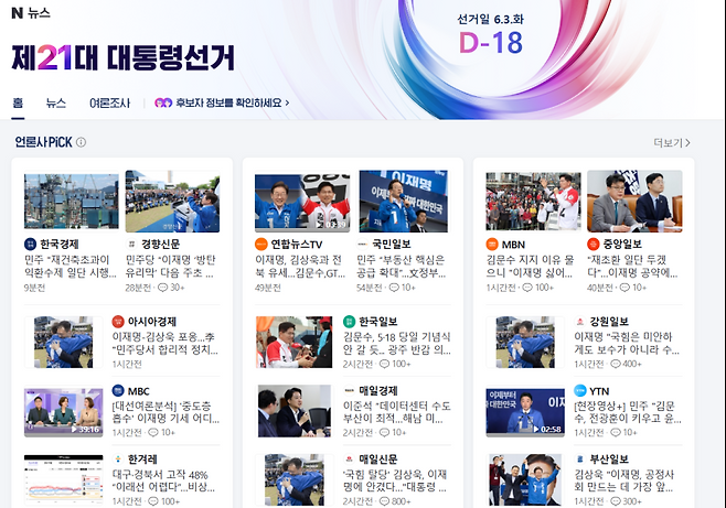 네이버의 ‘제21대 대통령 선거 특별 페이지’. 네이버 홈페이지 캡처