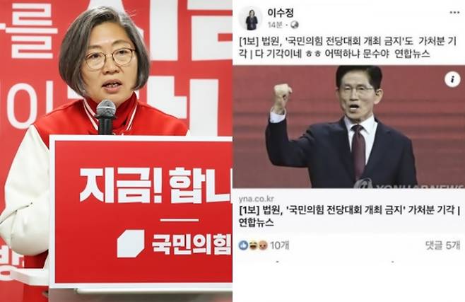 이수정 경기 수원정 당협위원장 자료 사진과 페이스북 내용 [사진출처=연합뉴스, 페북 캡처/ 편집]