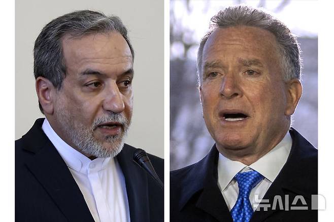 스티브 위트코프 미국 중동특사(오른쪽)와 아바스 아락치 이란 외무장관. AP 자료사진=뉴시스DB