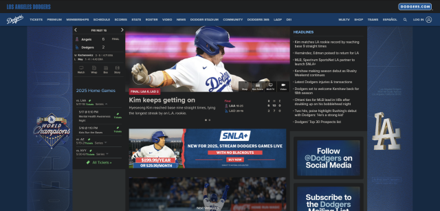 로스앤젤레스 다저스 홈페이지 메인 화면에 김혜성의 플레이 장면이 올라가 있다. 홈페이지 캡처