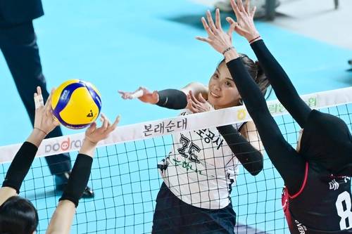 공격하는 도로공사의 타나차(중앙) [한국배구연맹 제공. 재판매 및 DB 금지]