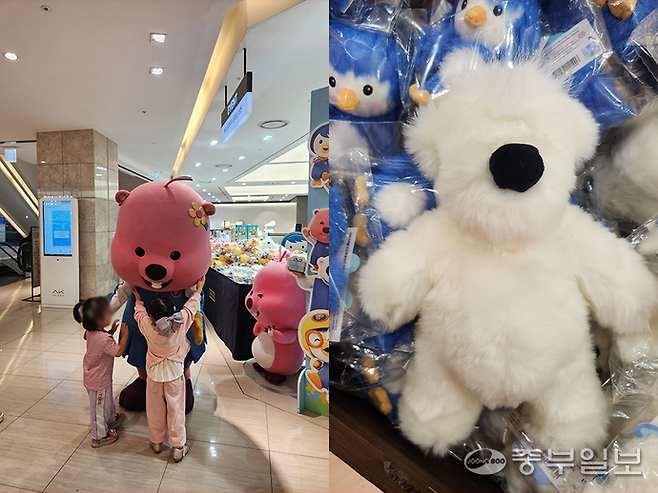 (왼쪽)18일 AK플라자 수원에서 열린 '뽀로로 플레이마켓' 팝업스토어 앞 뽀로로 코스튬 퍼레이드가 진행되고 있다. (오른쪽)'뽀로로 플레이마켓' 팝업스토어의 '뽀송포비' '뽀송패티' 인형 제품. 이보현 기자