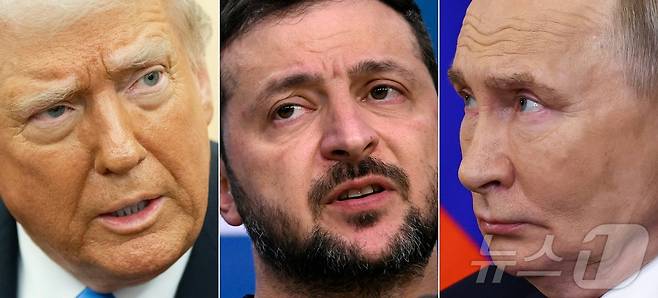 사진 왼쪽부터 도널드 트럼프 미국 대통령, 볼로디미르 젤렌스키 우크라이나 대통령, 블라드미르 푸틴 러시아 대통령 ⓒ AFP=뉴스1