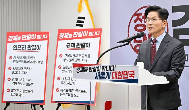 김문수 국민의힘 대선후보가 18일 서울 여의도 국민의힘 중앙당사에서 '경제를 판갈이 합니다-새롭게 대한민국' 경제 공약을 발표하고 있다. /연합뉴스