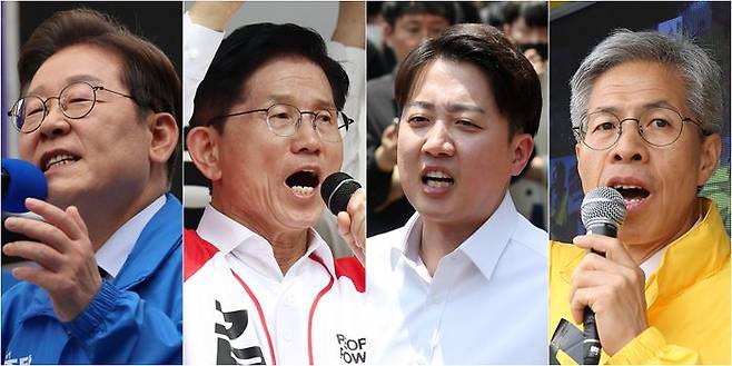 21대 대통령 선출을 위한 공식 선거운동 이틀째인 13일 더불어민주당 이재명 대선 후보(사진 왼쪽부터)가 대구광역시 동성로 거리에서, 국민의힘 김문수 대선 후보가 울산 남구 신정시장에서, 개혁신당 이준석 대선 후보가 대구 경북대학교에서, 민주노동당 권영국 대선 후보가 서울 성신여대입구역 인근에서 집중 유세를 하고 있다. ⓒ연합뉴스
