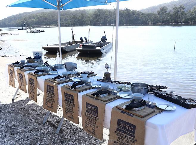 ‘브로드워터 오이스터’의 호수 한쪽에 차려진 굴 시식 테이블. 박미향 기자
