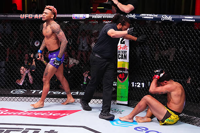 웰터급 공식랭킹 12위 마이클 모랄레스가 2025년 5월 미국 네바다주 엔터프라이즈 UFC on ESPN+ 114 메인이벤트 시작 3분 39초 만에 같은 체급 8위 길버트 번즈한테 펀치 TKO승을 거두고 있다. 사진=TKO