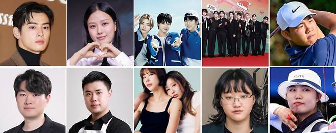 (왼쪽 위부터 시계방향으로)배우 차은우, 고민시, 빅오션, 스트레이 키즈, 프로골퍼 김주형, 양궁선수 임시현, 조각가 정유진, 여성 패션 브랜드 글로니, 권성준 셰프, 이호건 인터베스트 수석심사역 /사진=포브스
