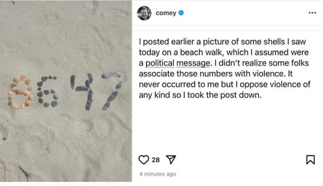 제임스 코미 전 연방수사국(FBI) 국장이 올렸다가 지운 사진과 해명 글 [사진 인스타그램 캡처]