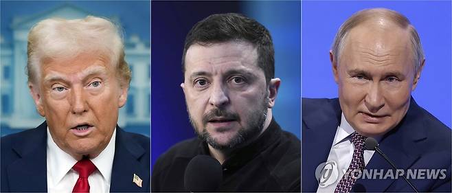 트럼프·젤렌스키·푸틴 대통령 도널드 트럼프 미국 대통령(왼쪽부터), 볼로디미르 젤렌스키 우크라이나 대통령, 블라디미르 푸틴 러시아 대통령. [AP 연합뉴스 자료사진. 재판매 및 DB 금지]