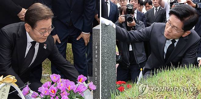 5·18 민주묘지 찾은 이재명·김문수 대선 후보 (광주=연합뉴스) 황광모·박동주 기자 = 더불어민주당 이재명 대선 후보(왼쪽 사진)와 국민의힘 김문수 대선 후보(오른쪽 사진)가 17일 광주 북구 5·18 민주묘지를 찾아 김동수 열사 묘역과 무명 열사 묘역을 각각 참배하고 있다. 2025.5.17 [공동취재] utzza@yna.co.kr