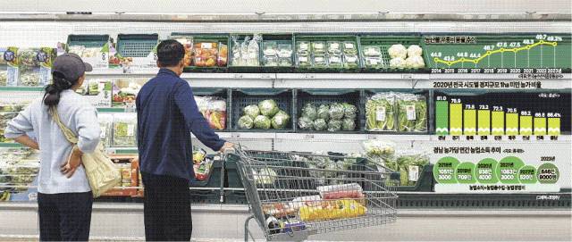 지난 12일 창원의 한 대형마트 신선식품 코너에서 시민들이 장을 보고 있다.