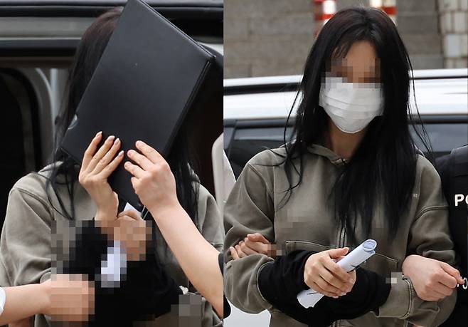 축구 국가대표팀 주장 손흥민 씨의 아이를 임신했다고 주장하며 손 씨에게 돈을 뜯어내려 한 20대 여성 양모 씨(왼쪽)가 17일 영장실질심사를 받기 위해 서울중앙지법에 들어서고 있다 (사진=연합뉴스)