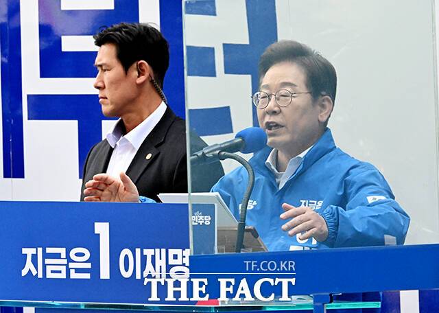이재명 더불어민주당 대선 후보가 19일 오후 서울 용산구 용산역 광장에서 열린 집중유세에 참석해 방탄유리 뒤편에서 연설을 하고 있다. /배정한 기자