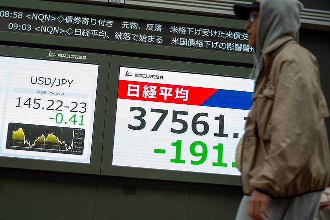 지난 19일(현지 시각) 한 남성이 일본 도쿄 중심가의 거리에서 일본 엔화와 미국 달러 환율, 도쿄증권거래소의 닛케이 주가 지수를 보여주는 전자판 앞을 지나가고 있다. / AFP=연합뉴스