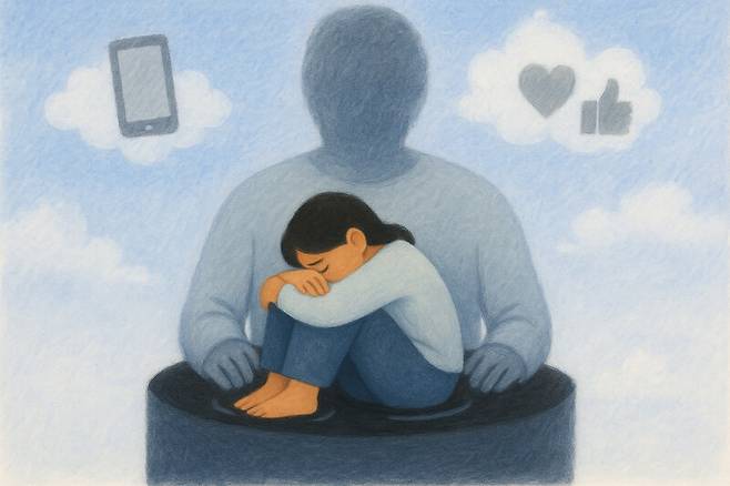 생성형 인공지능(AI) ‘챗지피티\'에게 “어두운 웅덩이에 무릎을 껴안고 고개를 숙인 아이와 그 뒤에 얼굴 없는 부모의 실루엣을 그려줘”라는 지시어를 입력해 생성한 이미지.