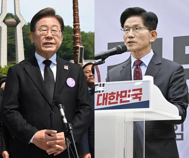 이재명(왼쪽) 더불어민주당 대통령 후보가 18일 광주 북구 국립5·18민주묘지에서 열린 제45주기 5·18 민주화운동기념식에 참석한 뒤 취재진 질문에 답하고 있다. 김문수 국민의힘 후보가 같은 날 여의도 당사에서 경제 분야 공약을 발표하고 있다. 뉴스1