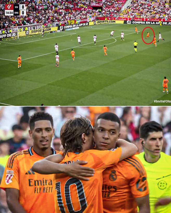 레알 음바페(빨간 원)가 19일 세비야와의 리그 경기 중 오른발 중거리 슈팅으로 선제 결승 골을 넣었다. 사진=ESPN SNS