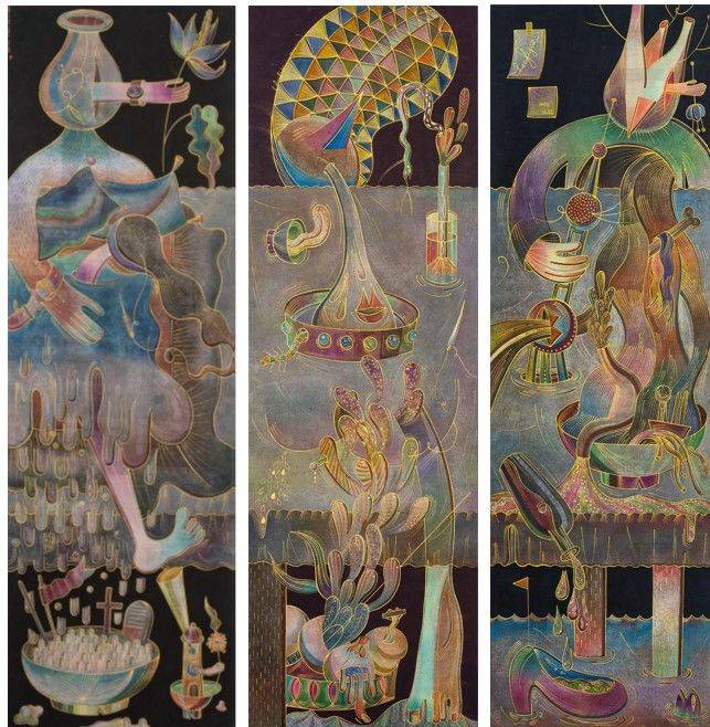 ◀ 이피, 쌀밥 침대, 2025, 장지에 먹, 색연필, 금분, 아크릴, 수채, 191×61cm ▲ 이피, 샤오룽바오(小籠包) 에로티시즘, 2024, 장지에 먹, 색연필, 금분, 아크릴, 수채, 191×61cm ▶ 이피, 국수 구토 구멍, 2025, 장지에 먹, 색연필, 금분, 아크릴, 수채, 191×61cm *재판매 및 DB 금지