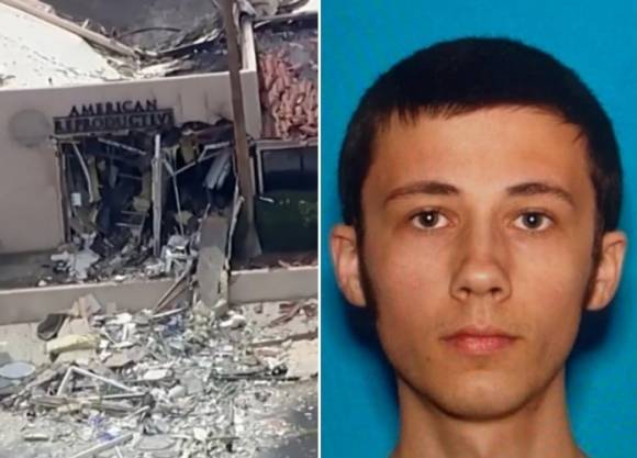 현지시간으로 17일 오전 11시쯤 미국 캘리포니아 팜스프링의 한 난임 클리닉을 노린 차량 폭발 테러가 발생했다. 왼쪽은 사건 현장, 오른쪽은 현장서 사망한 25세 용의자. 로이터 연합뉴스