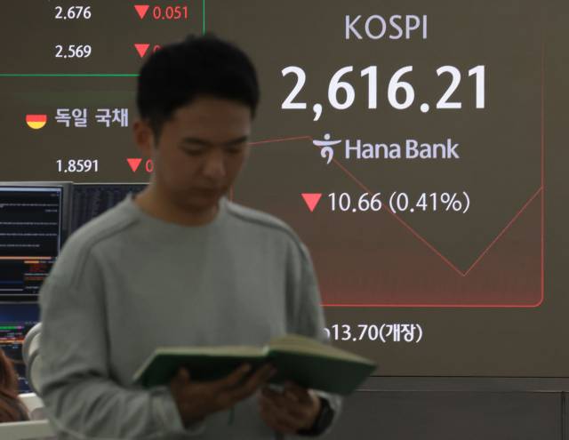 이달 19일 서울 중구 하나은행 본점 딜링룸 현황판에 코스피 지수 등이 표시되고 있다. 이날 코스피 지수는 전 거래일 대비 13.17포인트(0.50%) 내린 2613.70에, 코스닥은 3.80포인트(0.52%) 내린 721.27에 개장했다. 연합뉴스