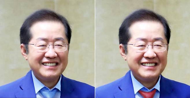 홍준표 전 대구시장이 5월19일 페이스북 커버사진을 파란 넥타이를 착용한 사진(왼쪽)으로 게시했다가 4시간 뒤 빨간 넥타이 사진으로 변경했다. ⓒ홍준표 페이스북 캡쳐