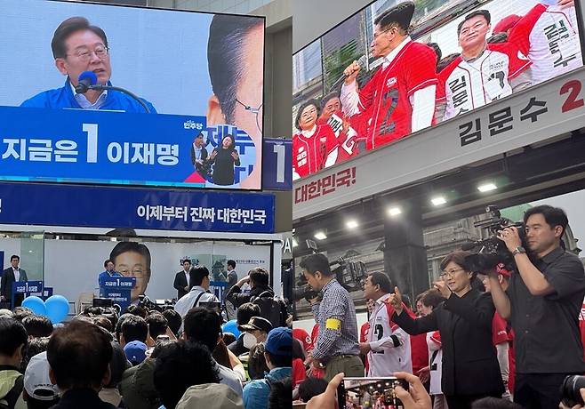 왼쪽은 이재명 더불어민주당 대선 후보가 5월19일 서울 용산역 광장에서 유세 연설을 하고 있는 모습. 오른쪽은 같은 날 김문수 국민의힘 대선 후보가 서울역 광장에서 유세를 하는 가운데 당 선거대책위원회 관계자들이 후방에서 응원하는 모습. ⓒ시사저널 백진우
