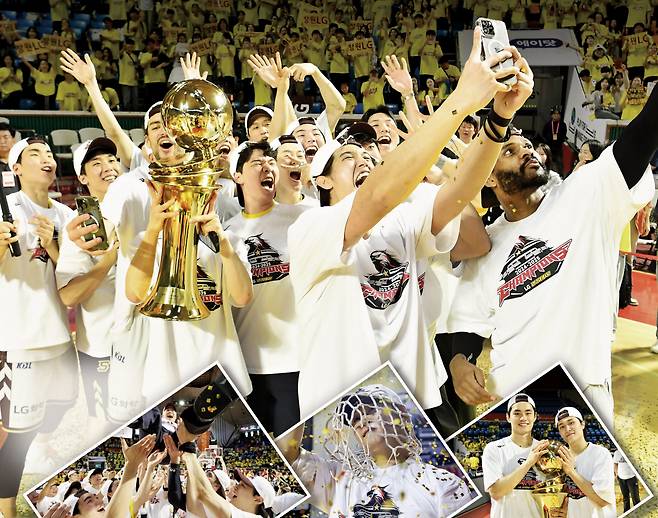 프로농구 창원 LG 선수들이 17일 2024~2025 프로농구 챔피언결정전 우승 직후 단체 셀카를 찍으며 기쁨을 만끽하고 있다. 조상현 감독은 골대 그물을 자르며 우승을 실감했고, 유기상과 양준석(오른쪽 사진) 등 선수들은 조 감독을 헹가래 치며 창단 첫 우승의 감격을 함께 나눴다. KBL 제공·연합뉴스