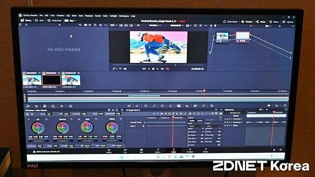 팬서레이크에서 구동되는 다빈치 리졸브를 활용한 4K 영상 편집 시연. (사진=지디넷코리아)