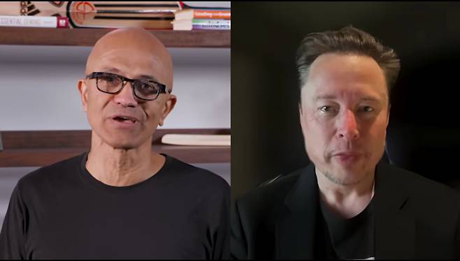 사티아 나델라 마이크로소프트(MS) 최고경영자(CEO·왼쪽)와  일론 머스크 테슬라 CEO. /MS 빌드 화면 캡처