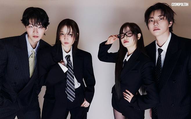 (최현준)슈트 셋업, 타이 모두 Heon Kim. 셔츠 Cos. (윤소희)슈트 셋업 H&M. 귀고리 Ferragamo. 셔츠, 타이 스타일리스트 소장품. (츄)점프슈트 Michael Kors Collection. 안경 Gentle Monster. 셔츠, 타이, 스타킹 스타일리스트 소장품. (정현규)슈트 셋업, 셔츠, 타이 모두 Heon Kim.