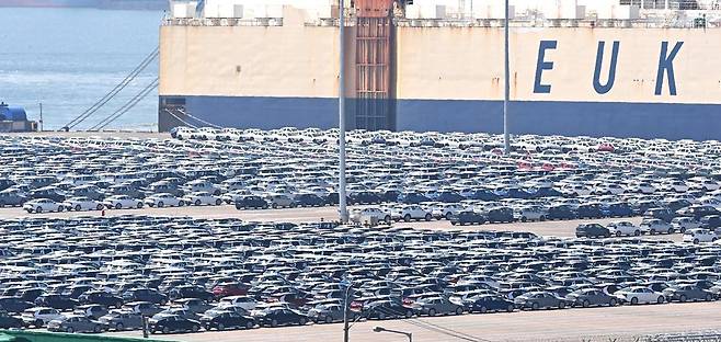 경기 평택항 자동차 전용부두에 선적을 기다리는 수출용 차량이 세워져 있다. 2025.04.29 평택=뉴시스