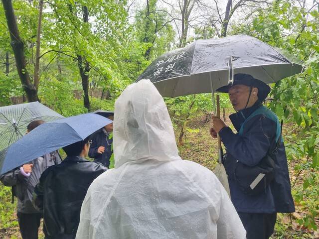 지난 10일 서울 강동구 길동생태공원에서 곤충전문가 이흥식 박사(오른쪽)와 함께 야생벌 시민조사단 ‘유니벌스’가 야생벌 관찰 활동을 하고 있다. 고나린 기자