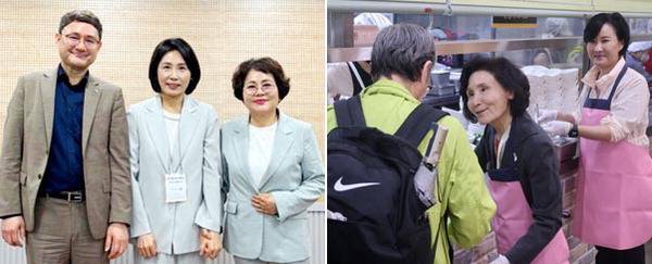 더불어민주당 이재명 대선 후보의 배우자 김혜경 여사가 20일 광주자립지원전담기관에서 자립 준비 청년과의 면담을 마친 뒤 기념촬영을 하고 있다. 오른쪽 사진은 국민의힘 김문수 대선 후보의 배우자 설난영 여사가 이날 서울시립 은평노인종합복지관에서 배식 봉사를 하는 모습. 연합뉴스