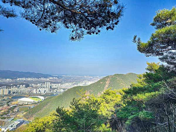 대덕산에서 하산길에 본 유건산과 대구스타디움.