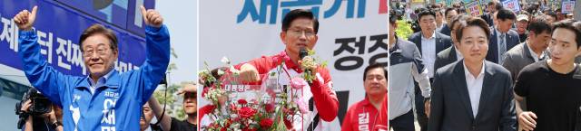 더불어민주당 이재명 대선후보가 21일 인천광역시 부평역 북광장에서 시민들에게 인사하고 있다(왼쪽). 같은 날 국민의힘 김문수 대선후보가 경기 고양시 화정역 문화광장 앞에서 집중 유세를 하고 있고 개혁신당 이준석 대선후보는 경기 성남의료원으로 들어서고 있다. 연합뉴스