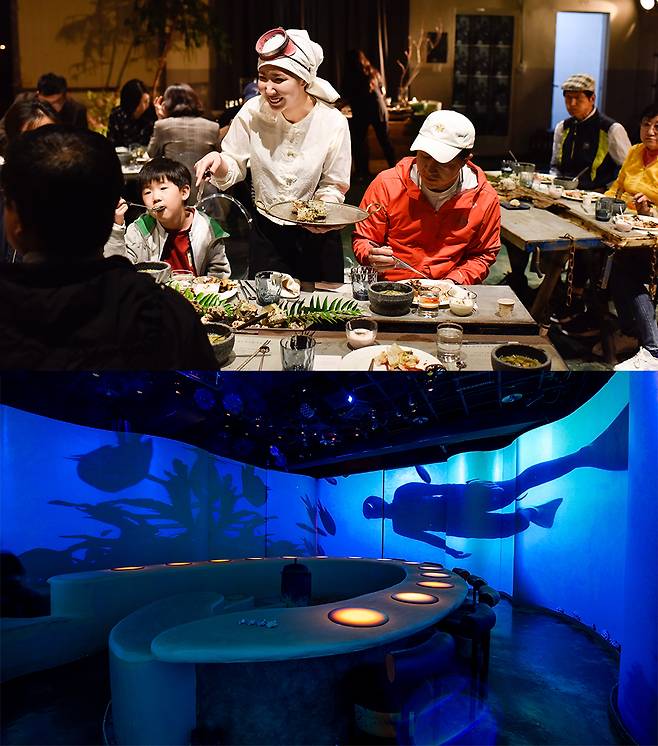 해녀의부엌 종달점(위쪽)에서는 공연을 통해, 북촌점(아래쪽)에서는 미디어아트를 통해 해녀의 삶과 이야기를 접할 수 있다. / 사진 제공=주식회사 해녀키친그룹. ⓒ제주의소리