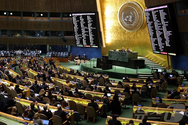 미국 뉴욕의 유엔 본부에서 24일(현지시간) 유엔 총회가 열렸다. 2025.02.24 ⓒ AFP=뉴스1 ⓒ News1 정지윤 기자
